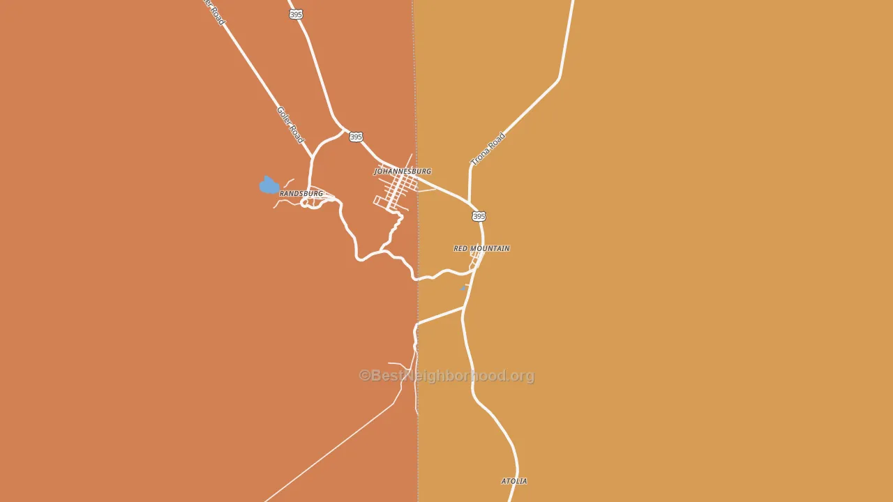 Map of the best neighborhoods in the 93558 area, with better matches in green and worse matches in red
