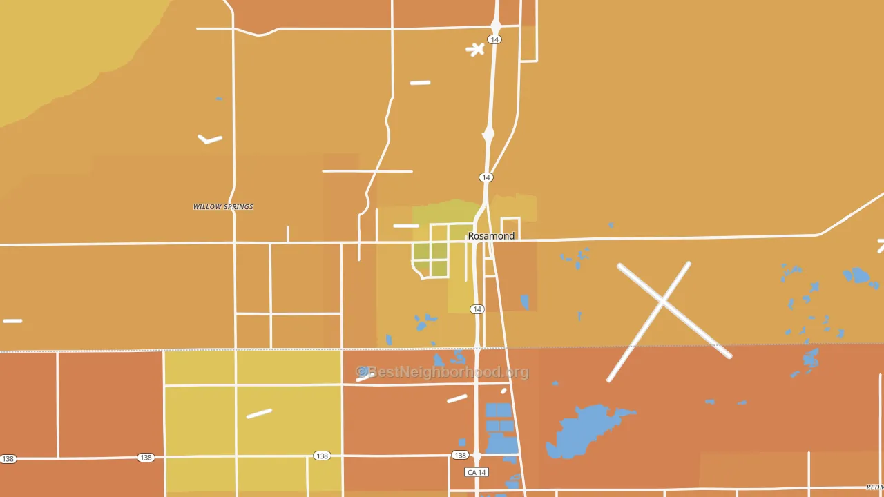 Map of the best neighborhoods in the 93560 area, with better matches in green and worse matches in red