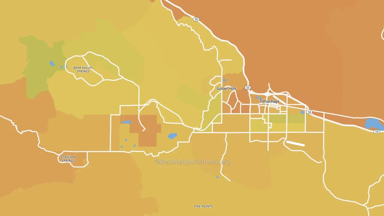 Map of the best neighborhoods in the 93561 area, with better matches in green and worse matches in red