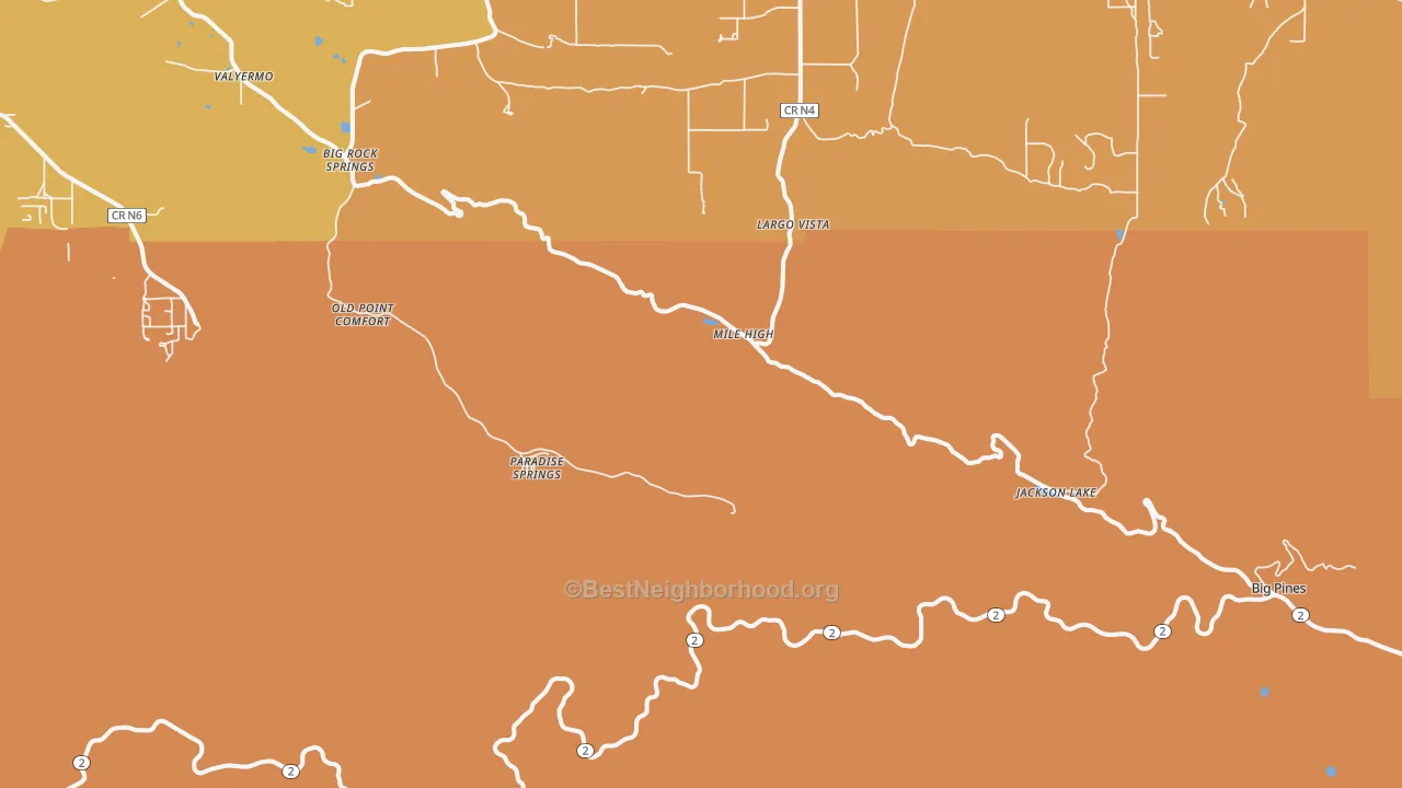 Map of the best neighborhoods in the 93563 area, with better matches in green and worse matches in red