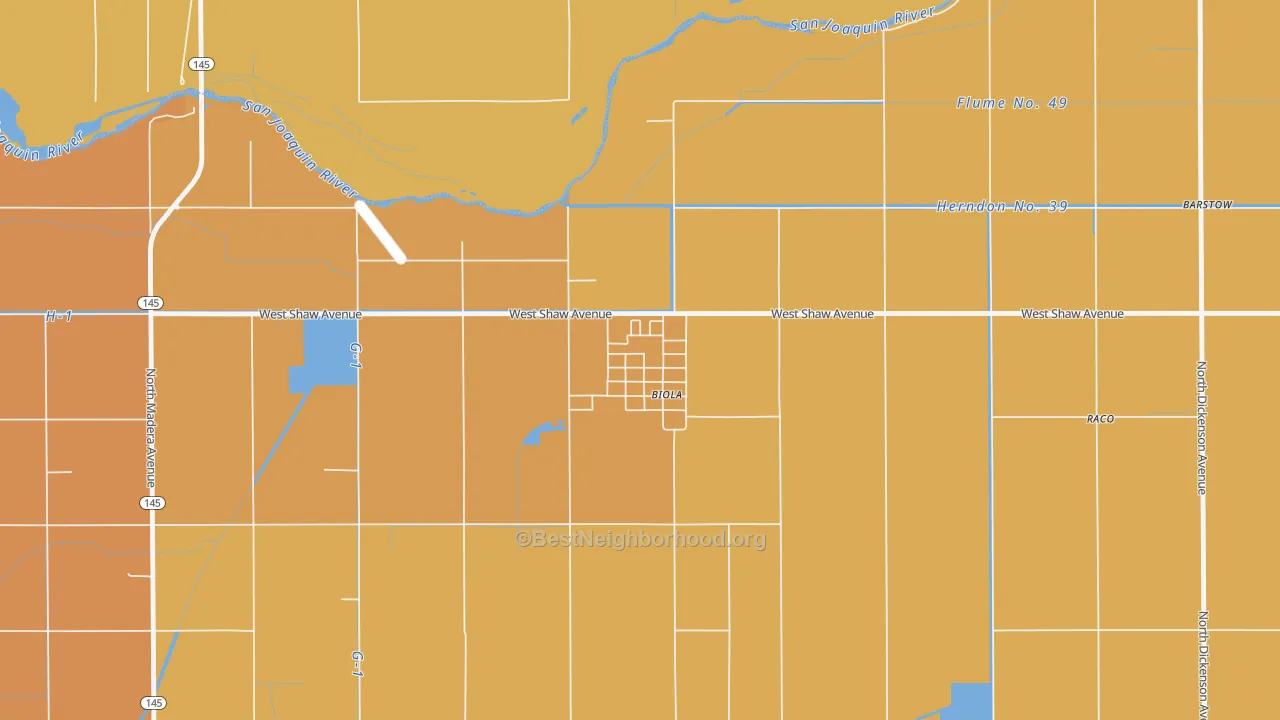 Map of the best neighborhoods in the 93606 area, with better matches in green and worse matches in red