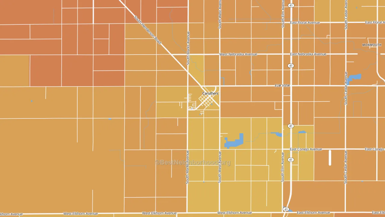 Map of the best neighborhoods in the 93609 area, with better matches in green and worse matches in red