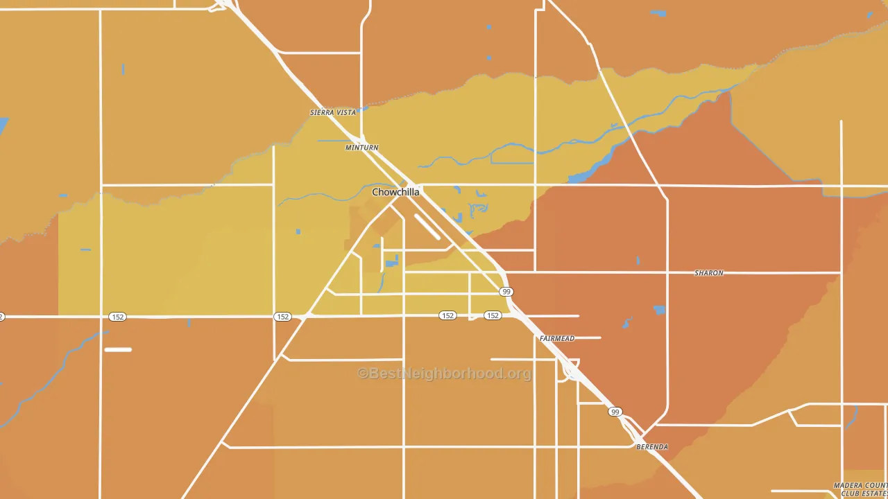 Map of the best neighborhoods in the 93610 area, with better matches in green and worse matches in red