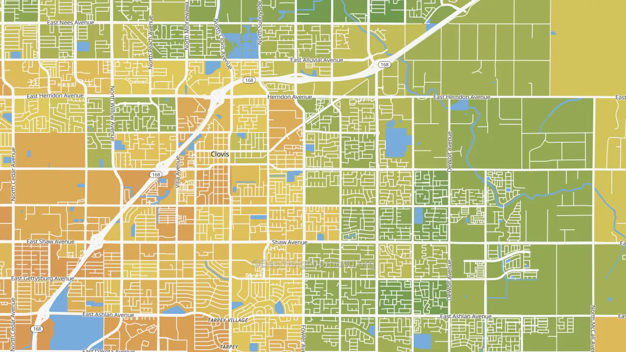 Map of the best neighborhoods in the 93611 area, with better matches in green and worse matches in red