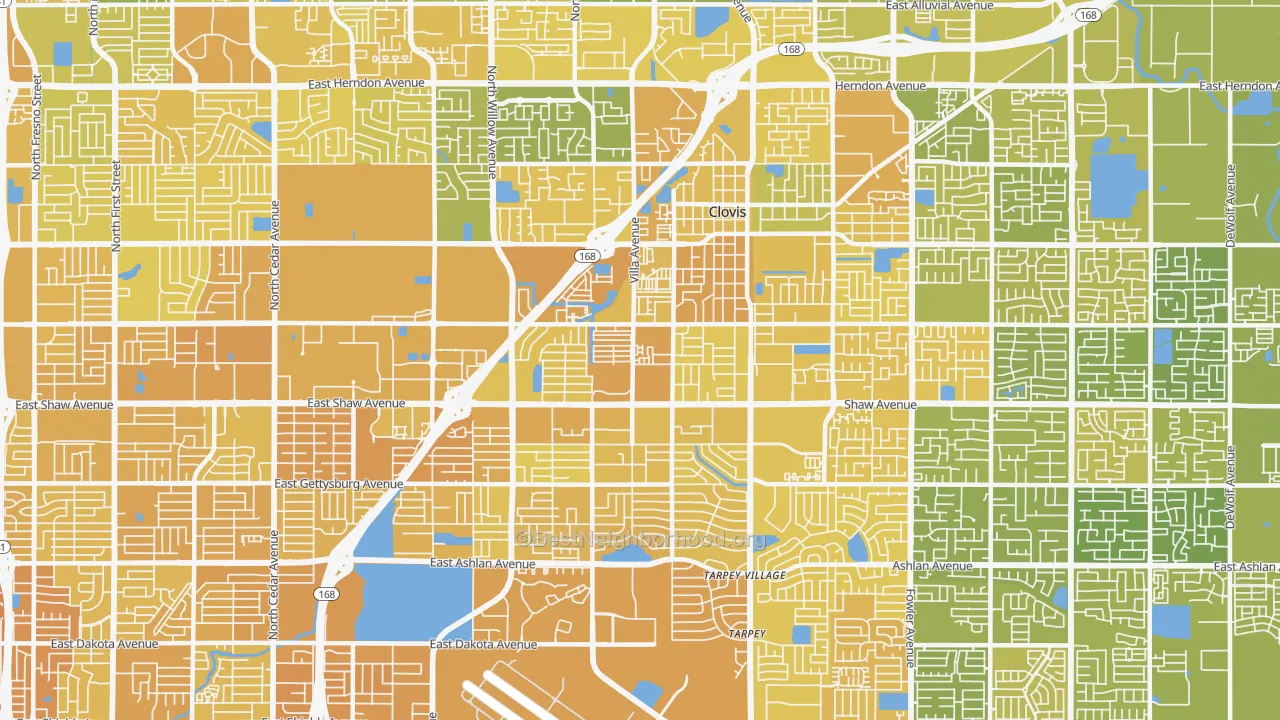 Map of the best neighborhoods in the 93612 area, with better matches in green and worse matches in red