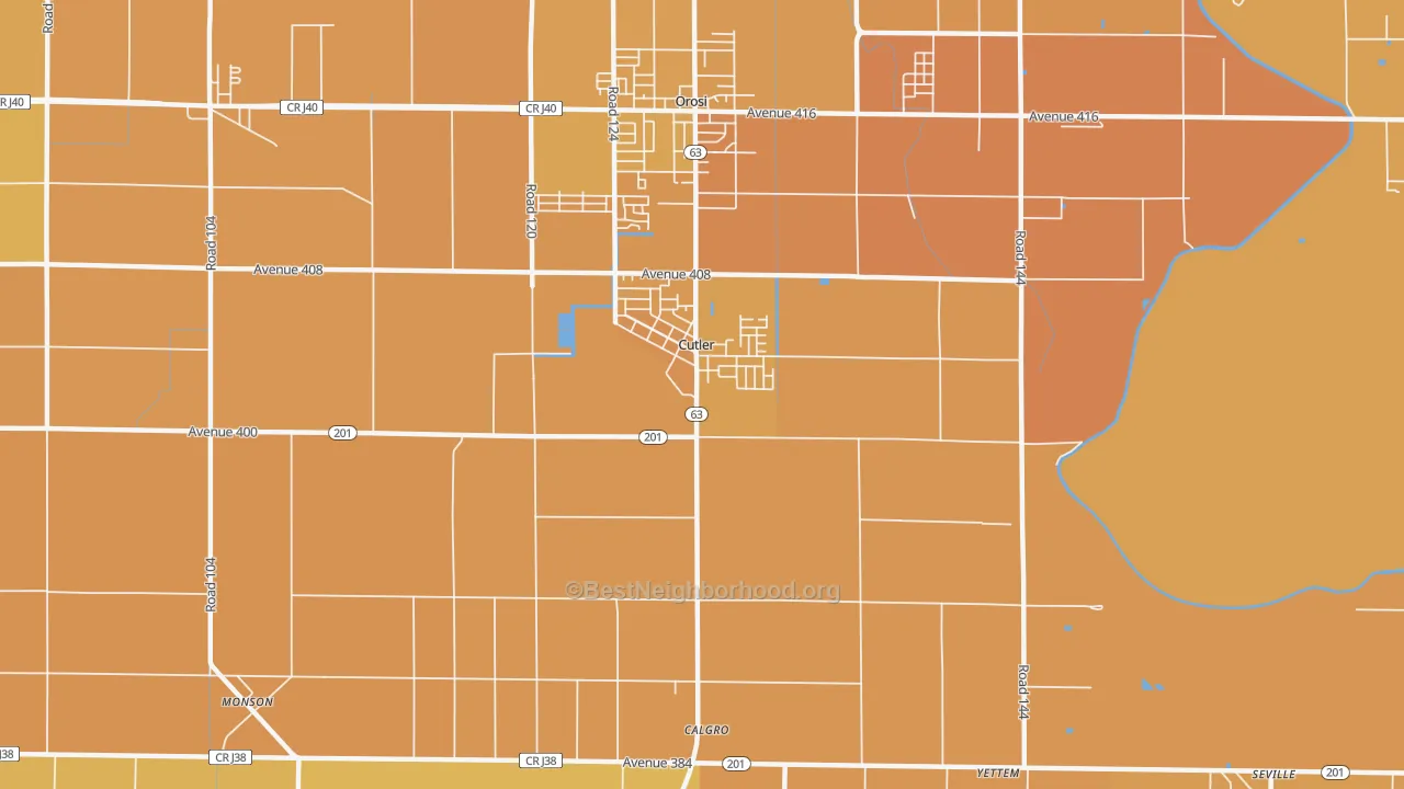 Map of the best neighborhoods in the 93615 area, with better matches in green and worse matches in red