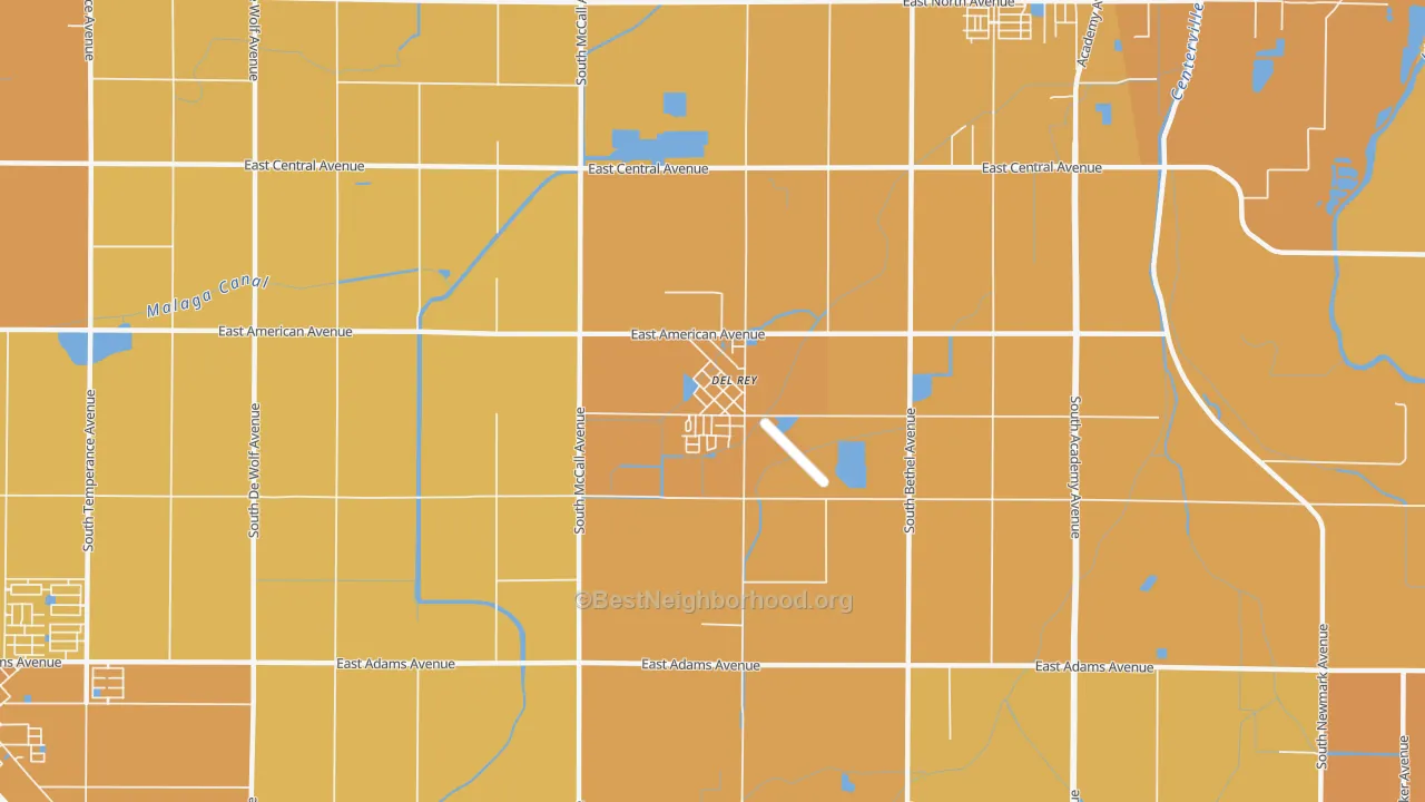 Map of the best neighborhoods in the 93616 area, with better matches in green and worse matches in red