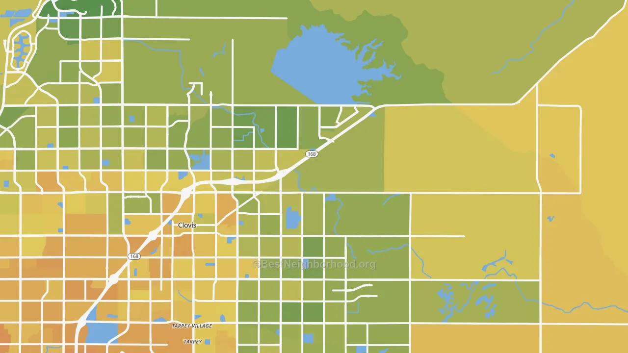 Map of the best neighborhoods in the 93619 area, with better matches in green and worse matches in red