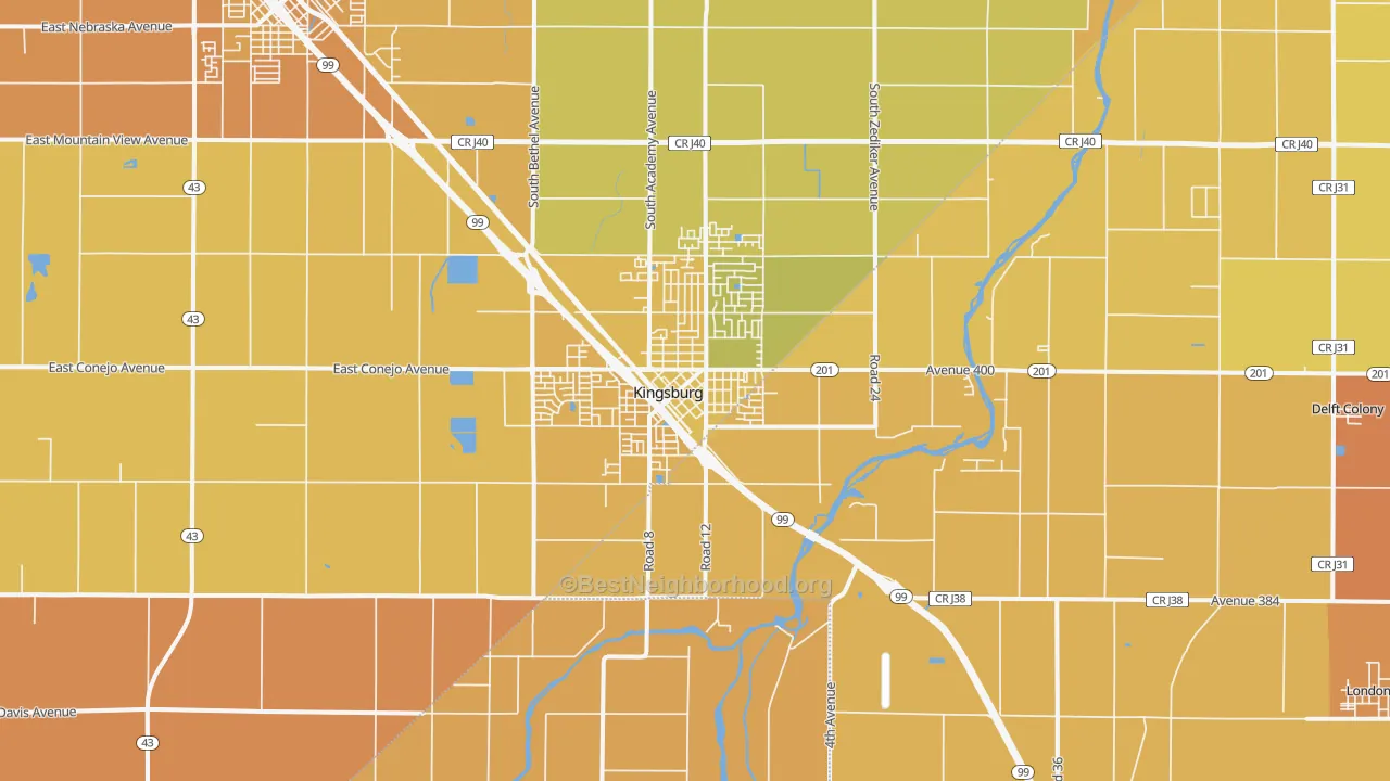 Map of the best neighborhoods in the 93631 area, with better matches in green and worse matches in red