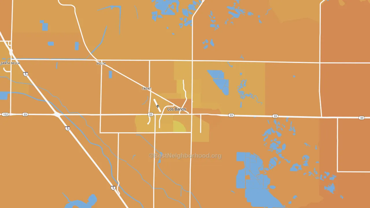 Map of the best neighborhoods in the 93635 area, with better matches in green and worse matches in red