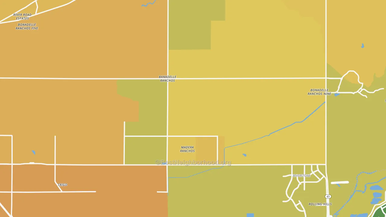 Map of the best neighborhoods in the 93636 area, with better matches in green and worse matches in red