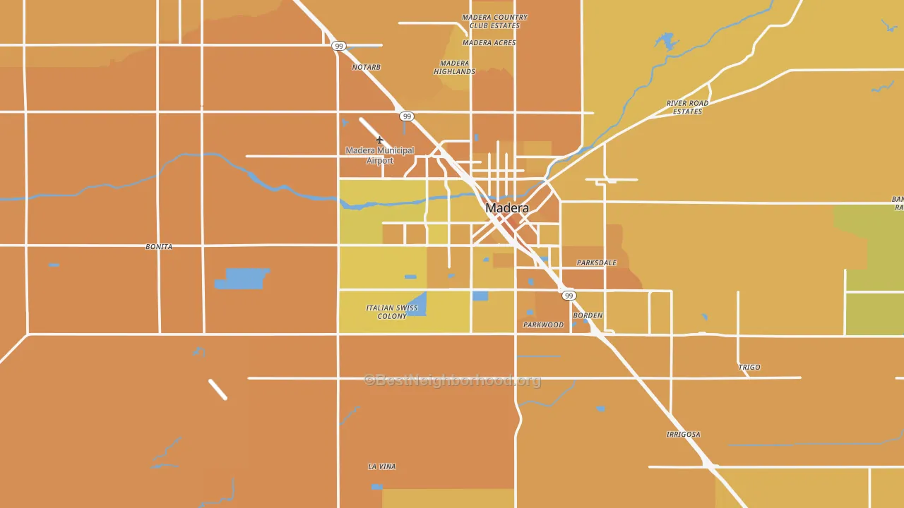 Map of the best neighborhoods in the 93637 area, with better matches in green and worse matches in red