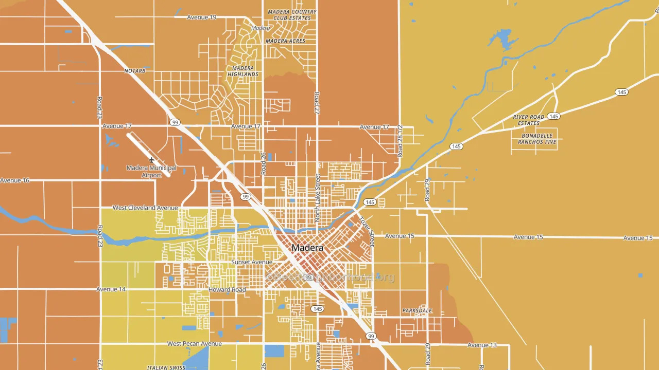 Map of the best neighborhoods in the 93638 area, with better matches in green and worse matches in red