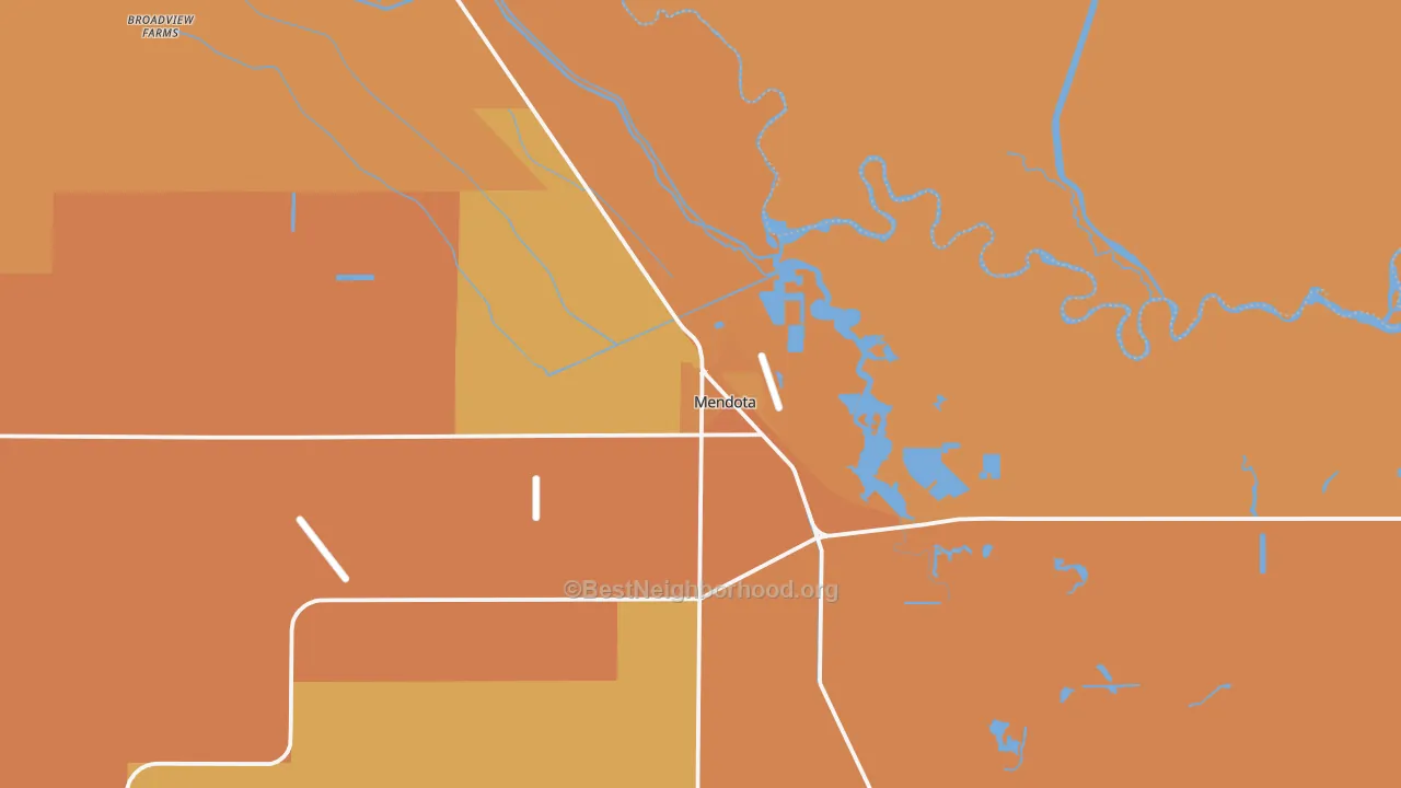 Map of the best neighborhoods in the 93640 area, with better matches in green and worse matches in red