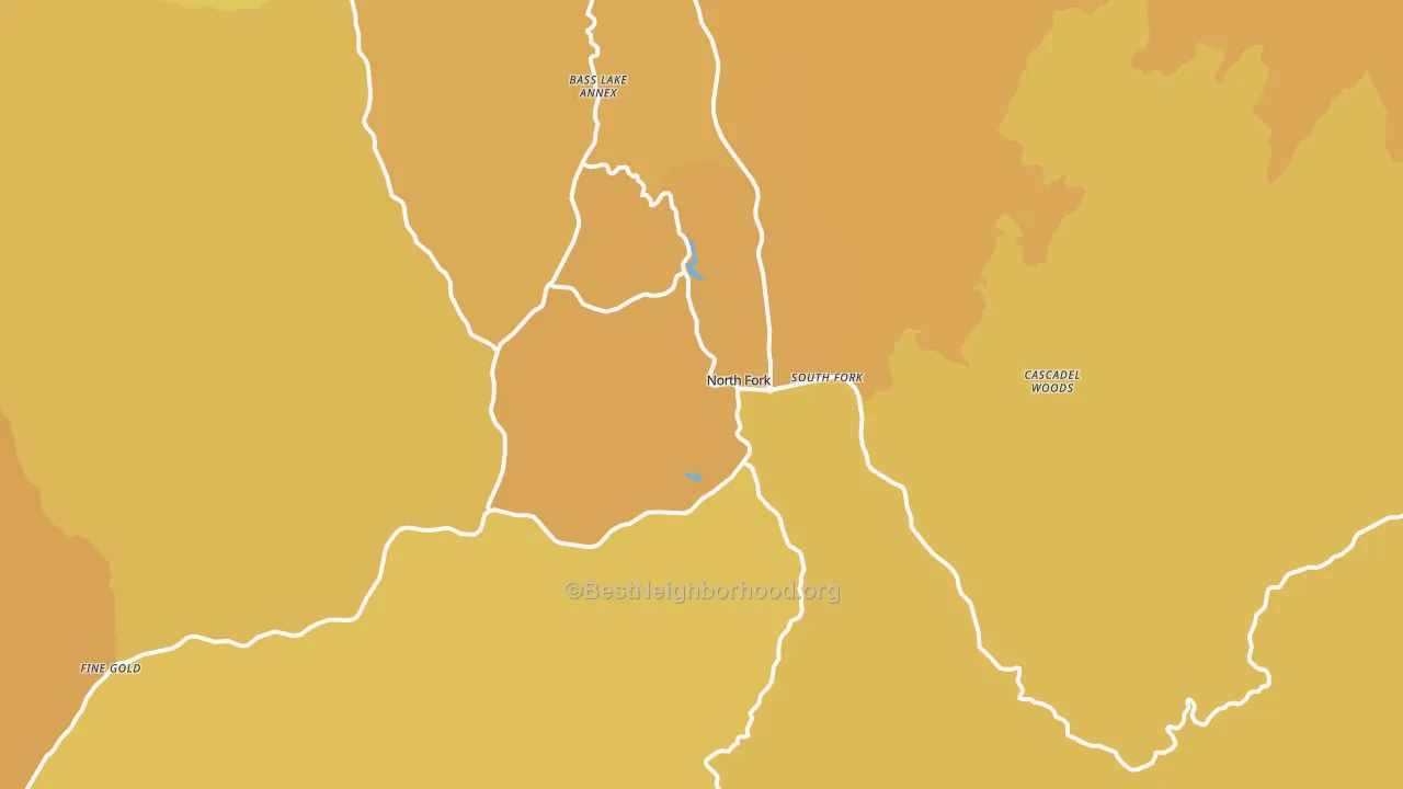 Map of the best neighborhoods in the 93643 area, with better matches in green and worse matches in red