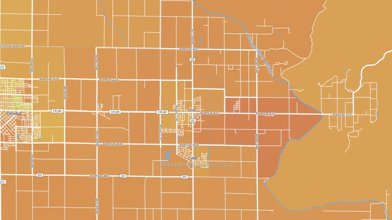Map of the best neighborhoods in the 93647 area, with better matches in green and worse matches in red