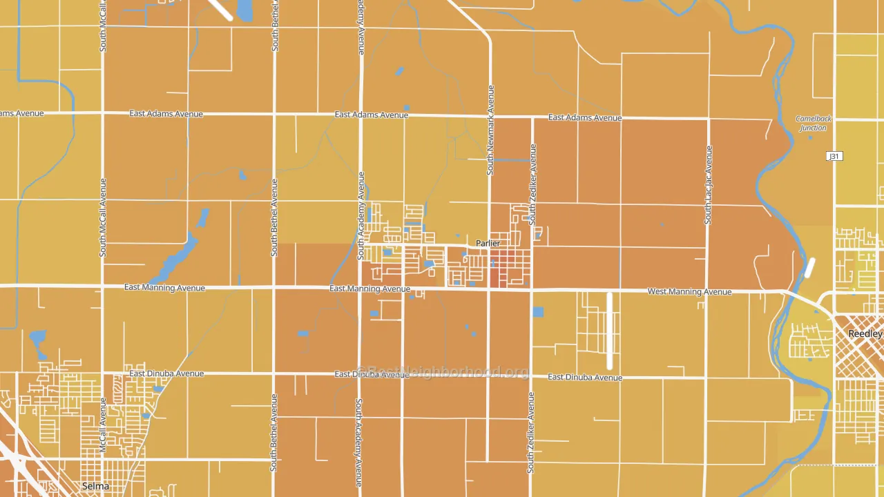 Map of the best neighborhoods in the 93648 area, with better matches in green and worse matches in red
