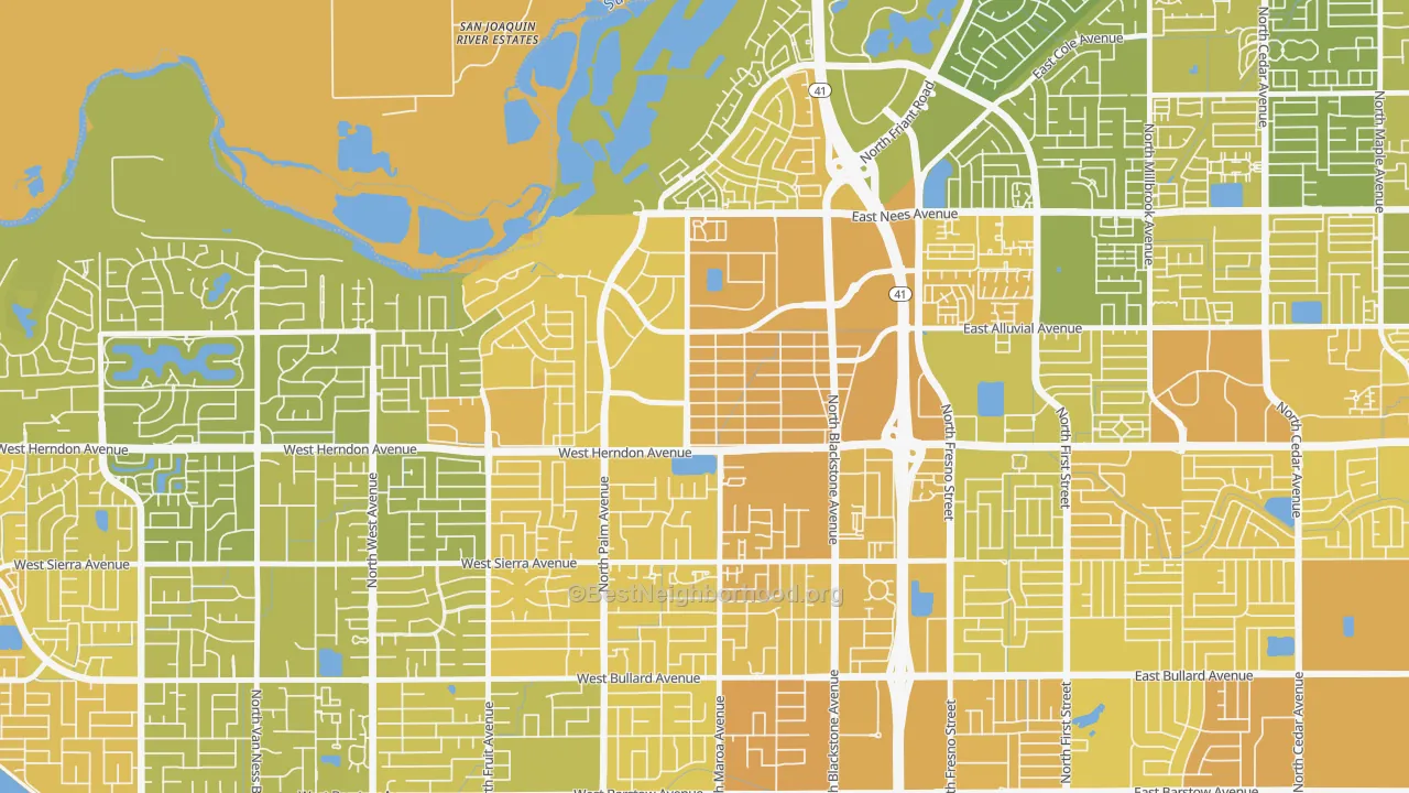 Map of the best neighborhoods in the 93650 area, with better matches in green and worse matches in red