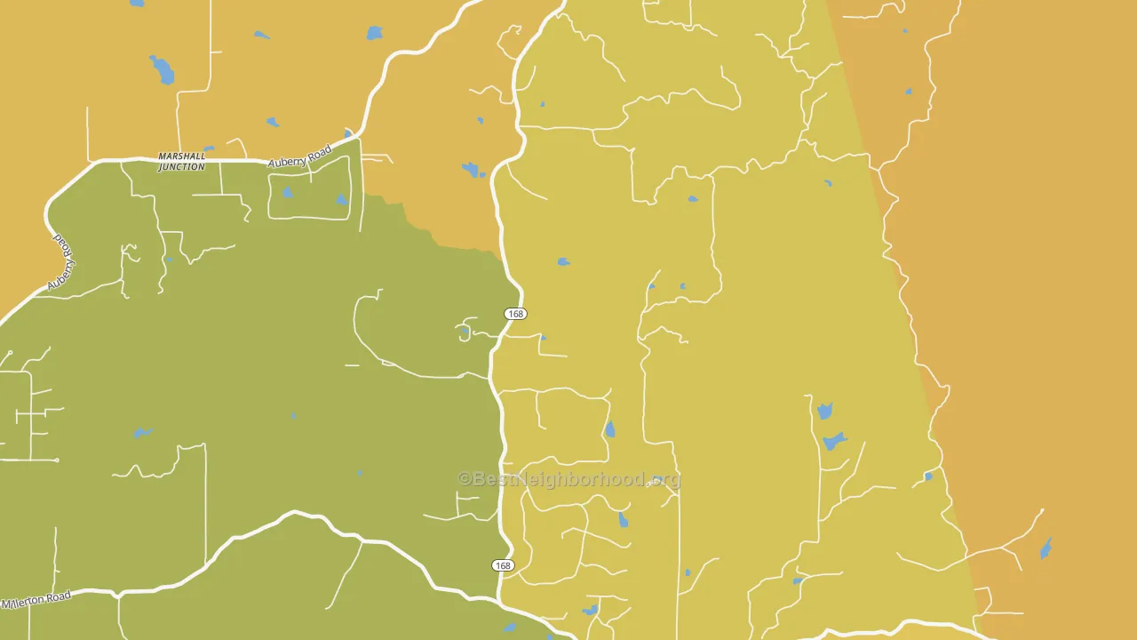 Map of the best neighborhoods in the 93651 area, with better matches in green and worse matches in red