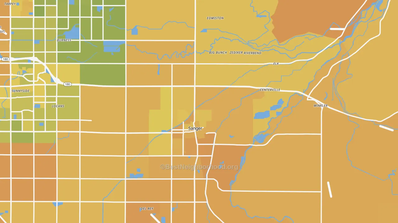 Map of the best neighborhoods in the 93657 area, with better matches in green and worse matches in red