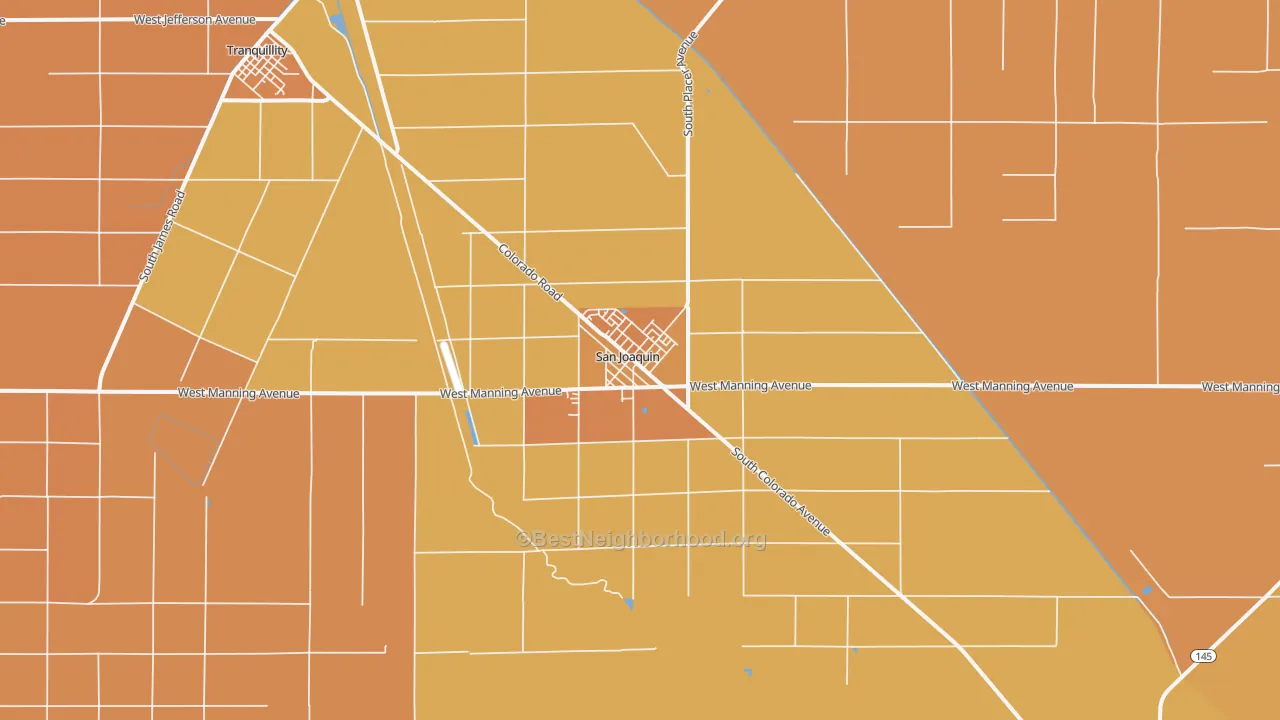 Map of the best neighborhoods in the 93660 area, with better matches in green and worse matches in red