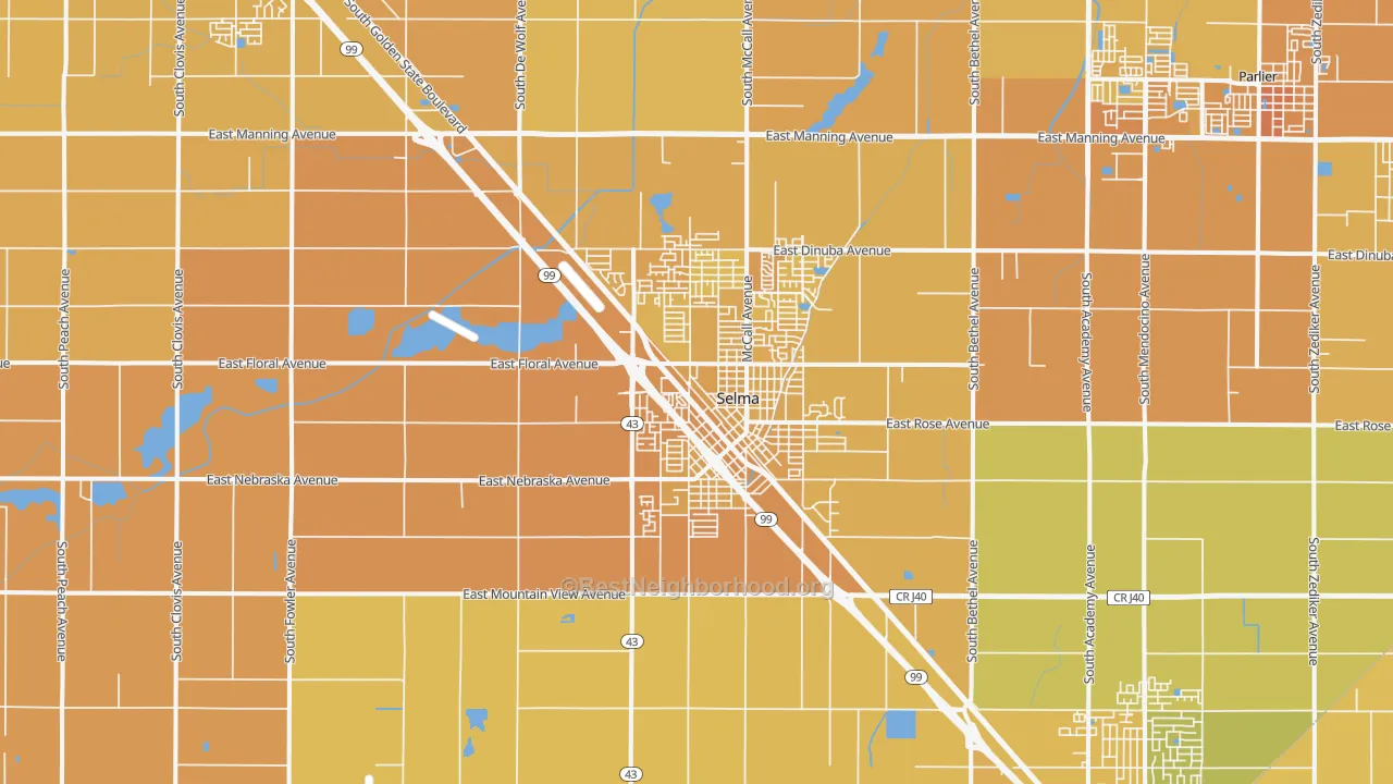 Map of the best neighborhoods in the 93662 area, with better matches in green and worse matches in red