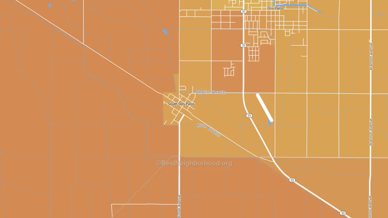 Map of the best neighborhoods in the 93665 area, with better matches in green and worse matches in red
