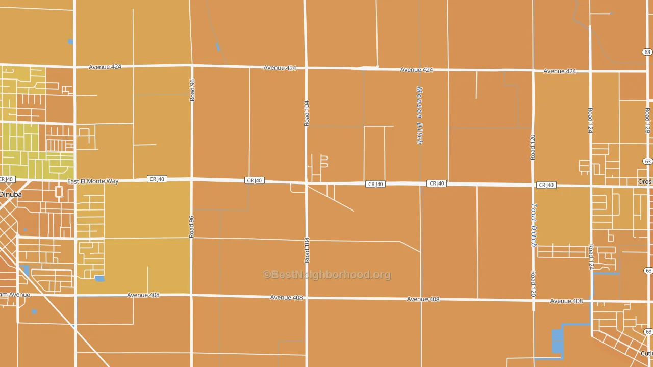 Map of the best neighborhoods in the 93666 area, with better matches in green and worse matches in red