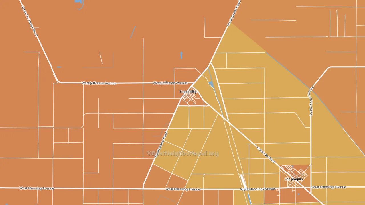 Map of the best neighborhoods in the 93668 area, with better matches in green and worse matches in red