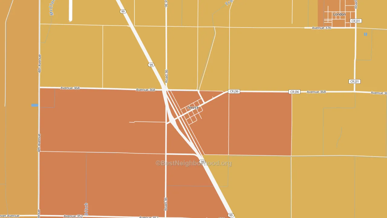 Map of the best neighborhoods in the 93673 area, with better matches in green and worse matches in red