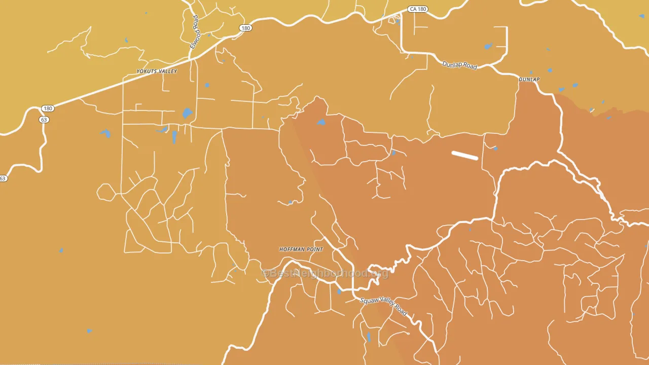 Map of the best neighborhoods in the 93675 area, with better matches in green and worse matches in red
