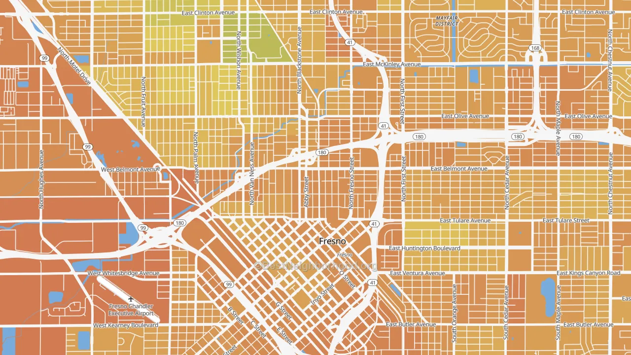 Map of the best neighborhoods in the 93701 area, with better matches in green and worse matches in red