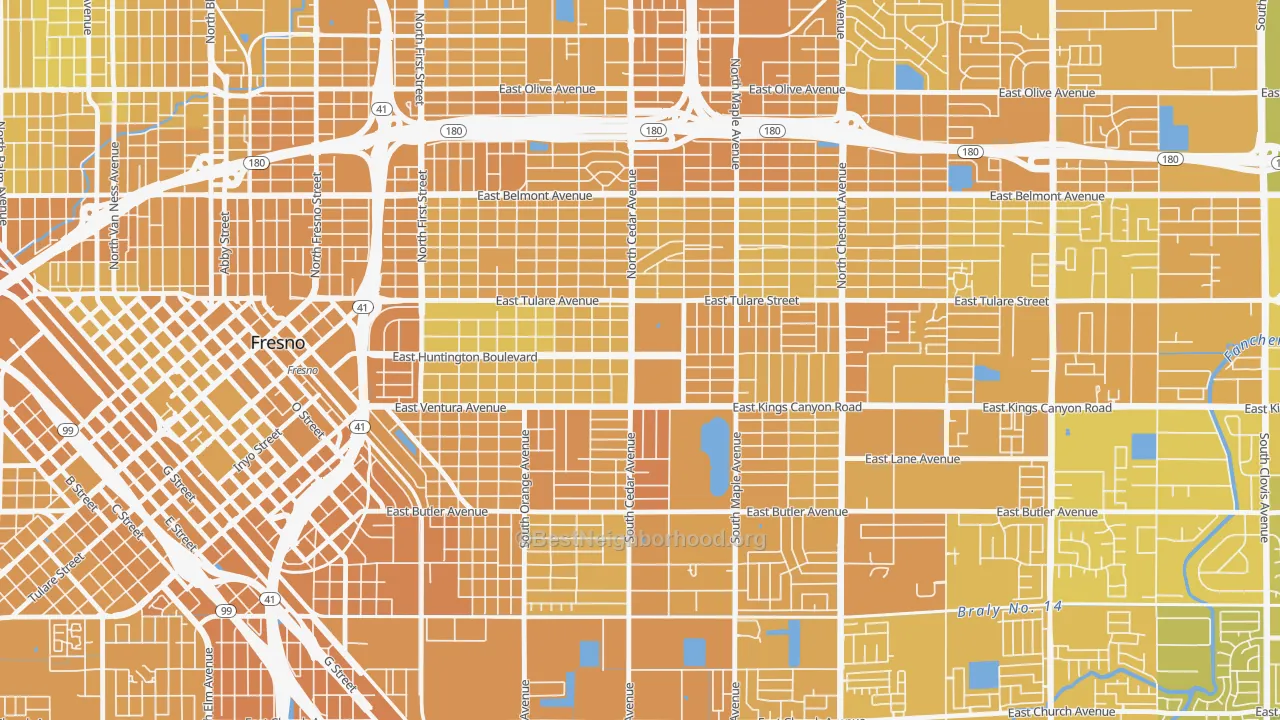 Map of the best neighborhoods in the 93702 area, with better matches in green and worse matches in red