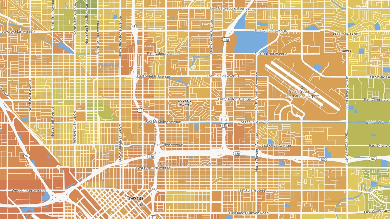 Map of the best neighborhoods in the 93703 area, with better matches in green and worse matches in red