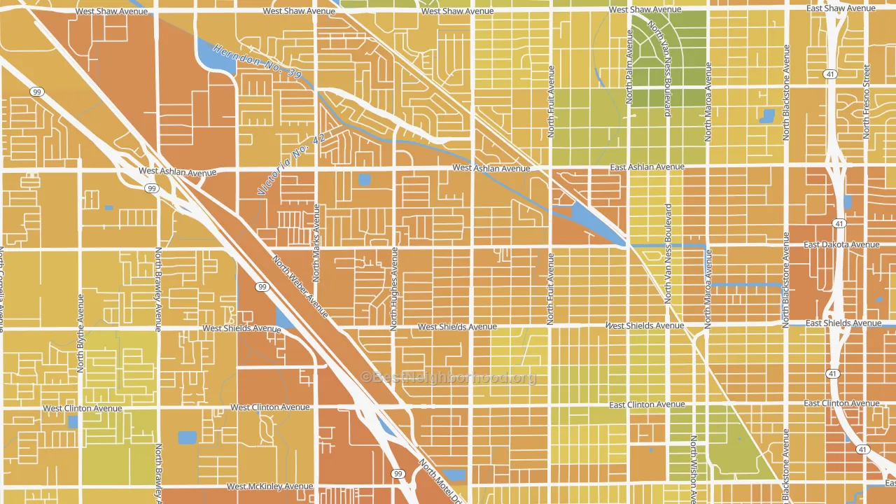 Map of the best neighborhoods in the 93705 area, with better matches in green and worse matches in red