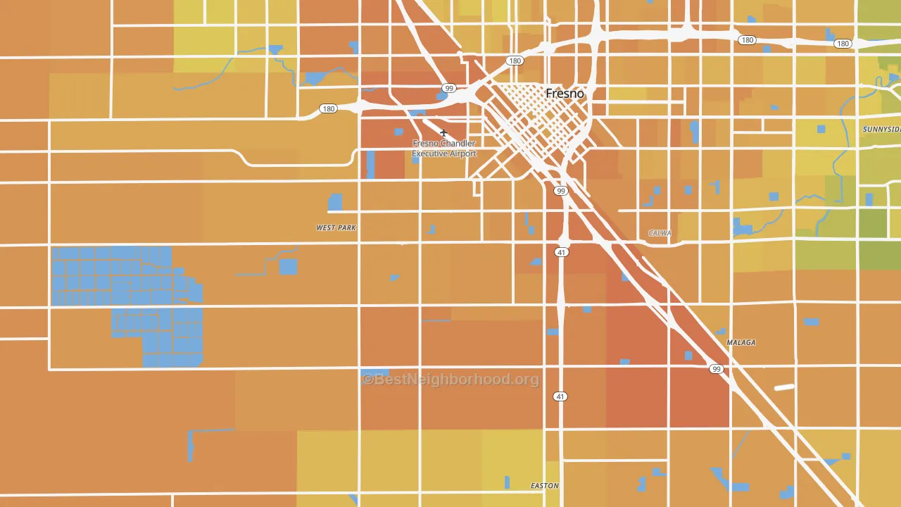 Map of the best neighborhoods in the 93706 area, with better matches in green and worse matches in red