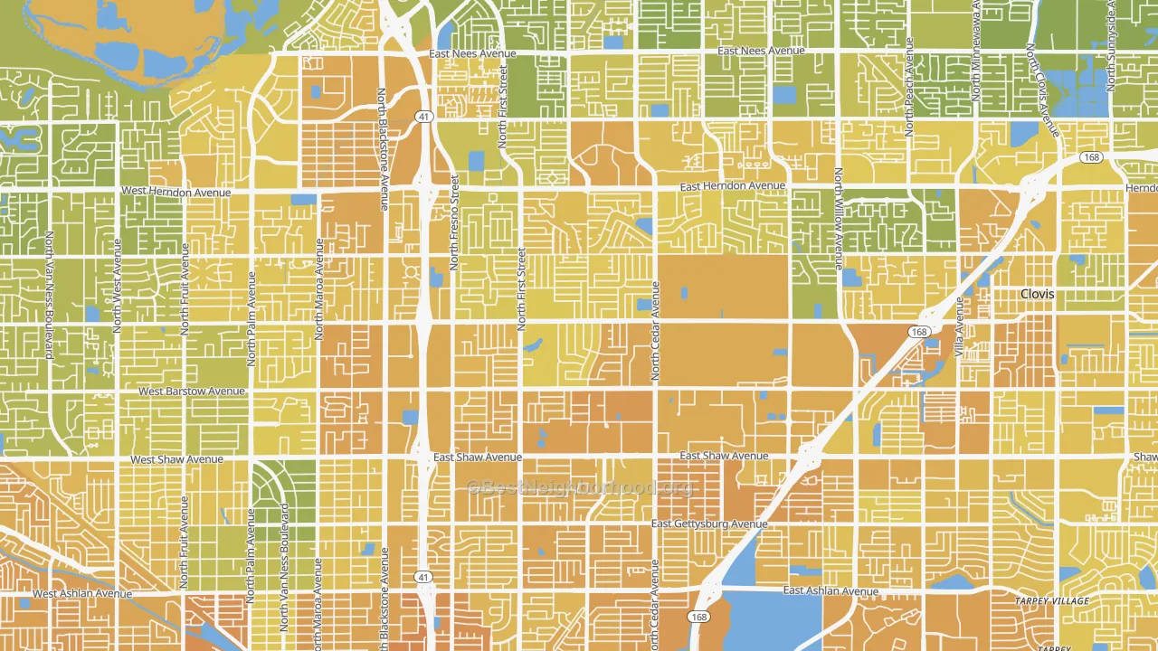 Map of the best neighborhoods in the 93710 area, with better matches in green and worse matches in red