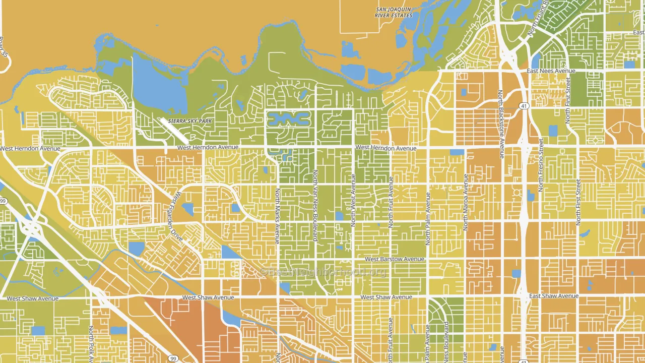 Map of the best neighborhoods in the 93711 area, with better matches in green and worse matches in red