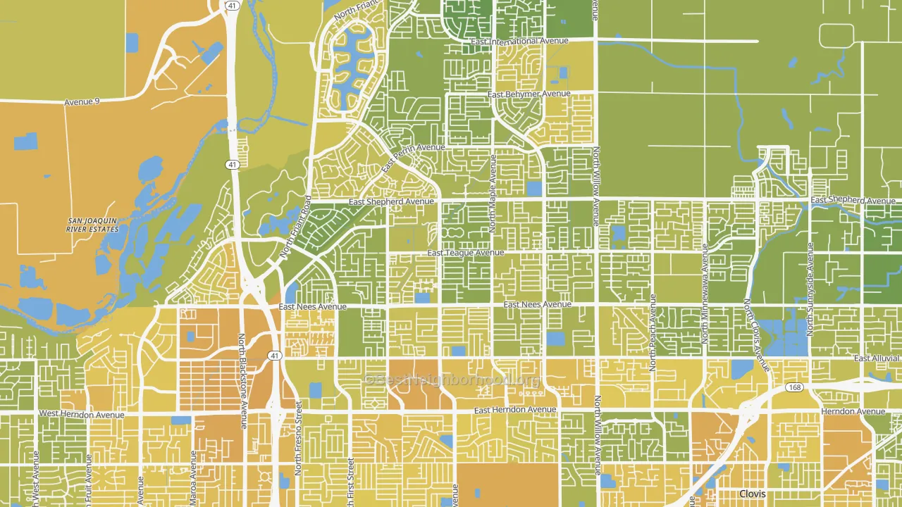 Map of the best neighborhoods in the 93720 area, with better matches in green and worse matches in red