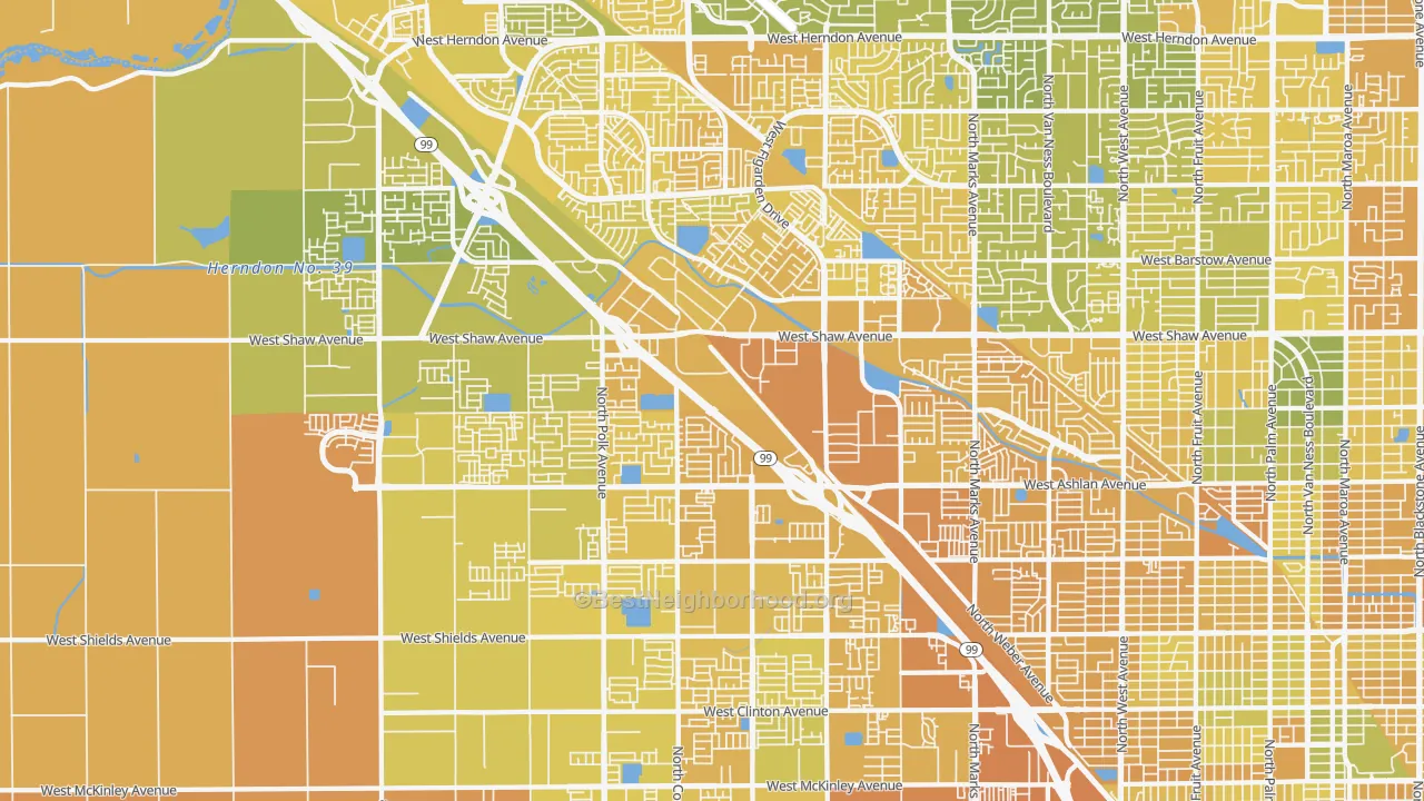Map of the best neighborhoods in the 93722 area, with better matches in green and worse matches in red