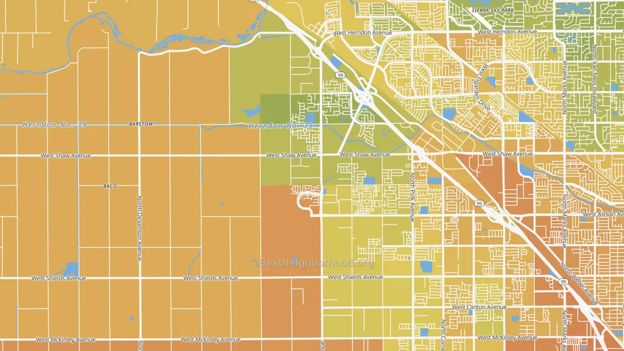 Map of the best neighborhoods in the 93723 area, with better matches in green and worse matches in red