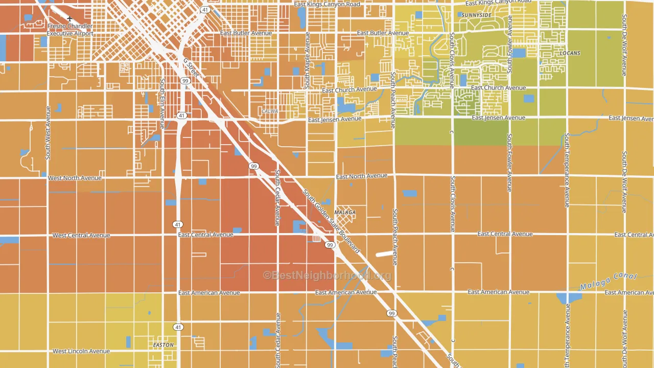 Map of the best neighborhoods in the 93725 area, with better matches in green and worse matches in red