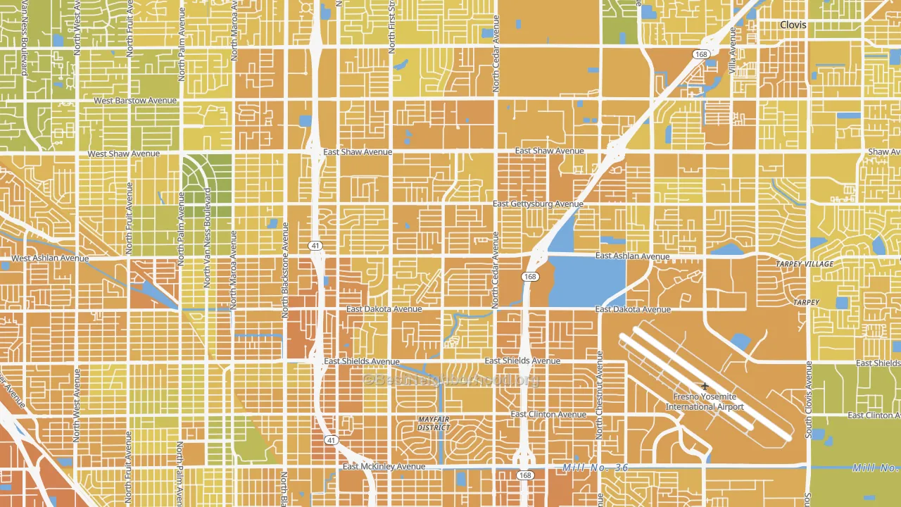 Map of the best neighborhoods in the 93726 area, with better matches in green and worse matches in red