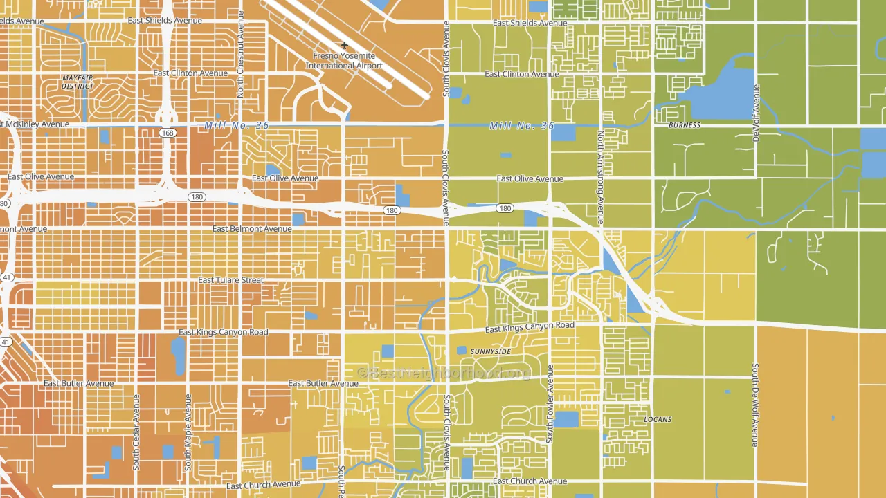 Map of the best neighborhoods in the 93727 area, with better matches in green and worse matches in red