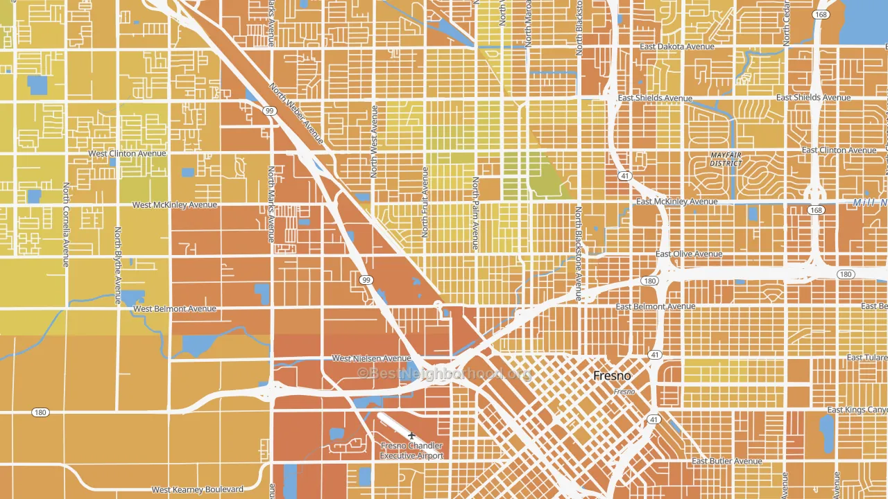 Map of the best neighborhoods in the 93728 area, with better matches in green and worse matches in red