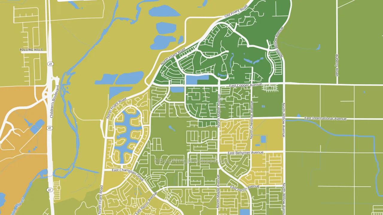 Map of the best neighborhoods in the 93730 area, with better matches in green and worse matches in red