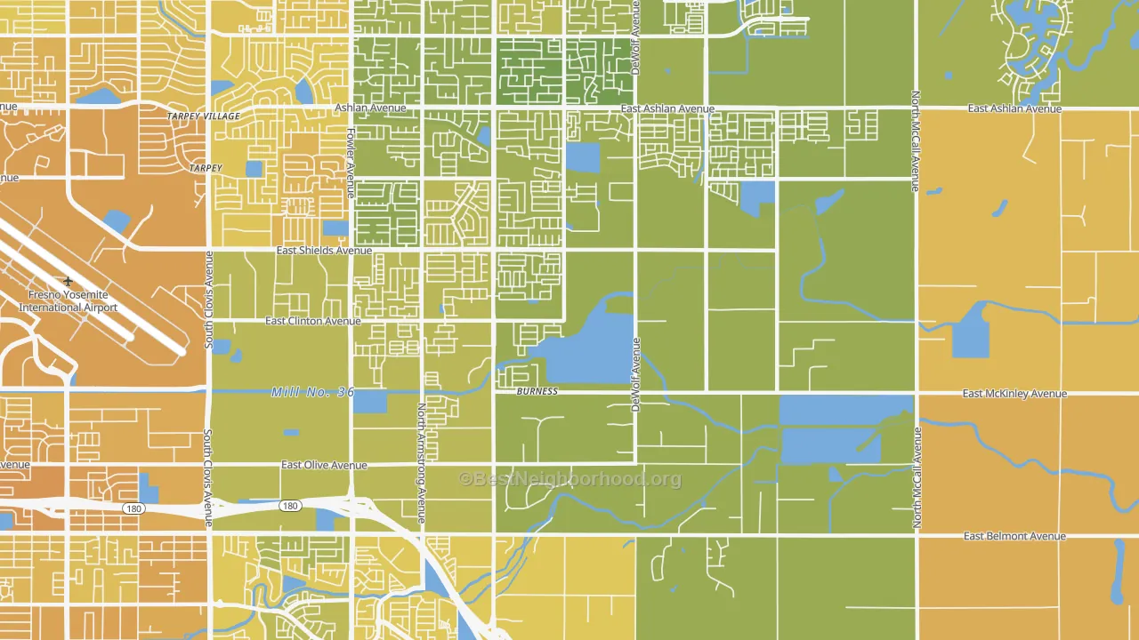 Map of the best neighborhoods in the 93737 area, with better matches in green and worse matches in red