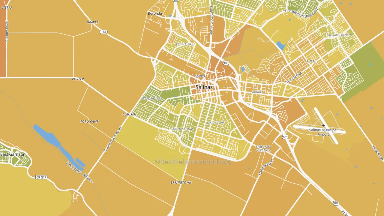 Map of the best neighborhoods in the 93901 area, with better matches in green and worse matches in red
