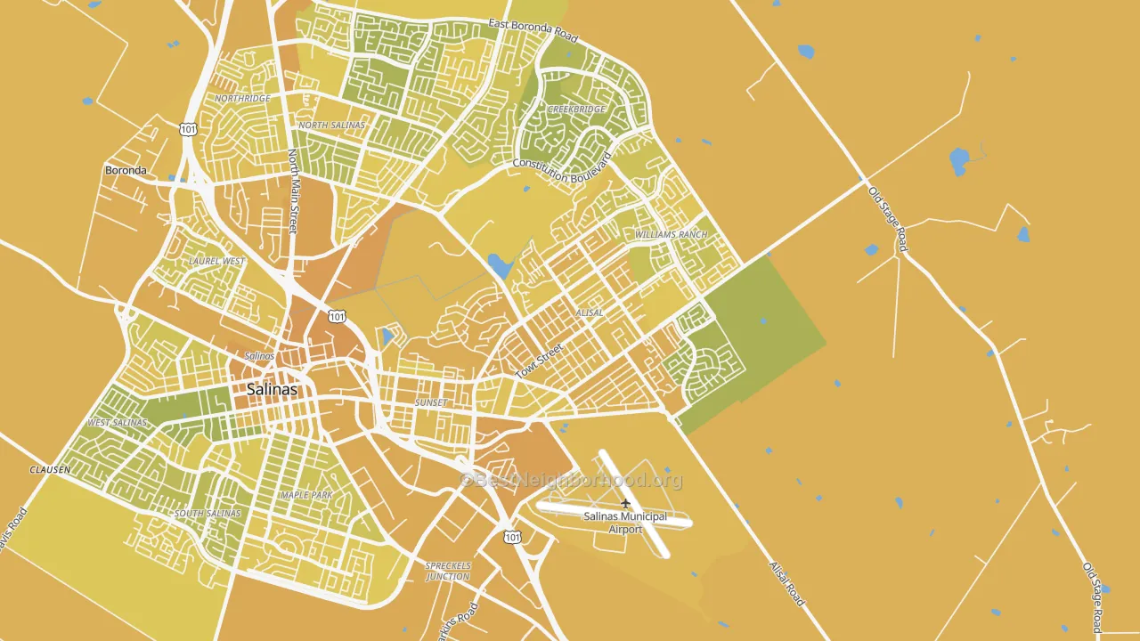 Map of the best neighborhoods in the 93905 area, with better matches in green and worse matches in red