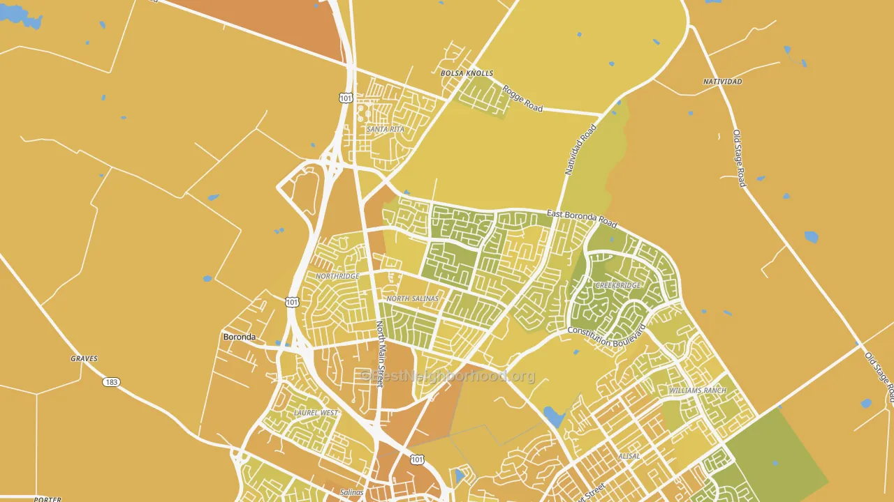 Map of the best neighborhoods in the 93906 area, with better matches in green and worse matches in red